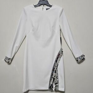 Vince Camuto Womens Dress 8 White Mini Long Sleeves Sequin Bridal Suit Lined 745